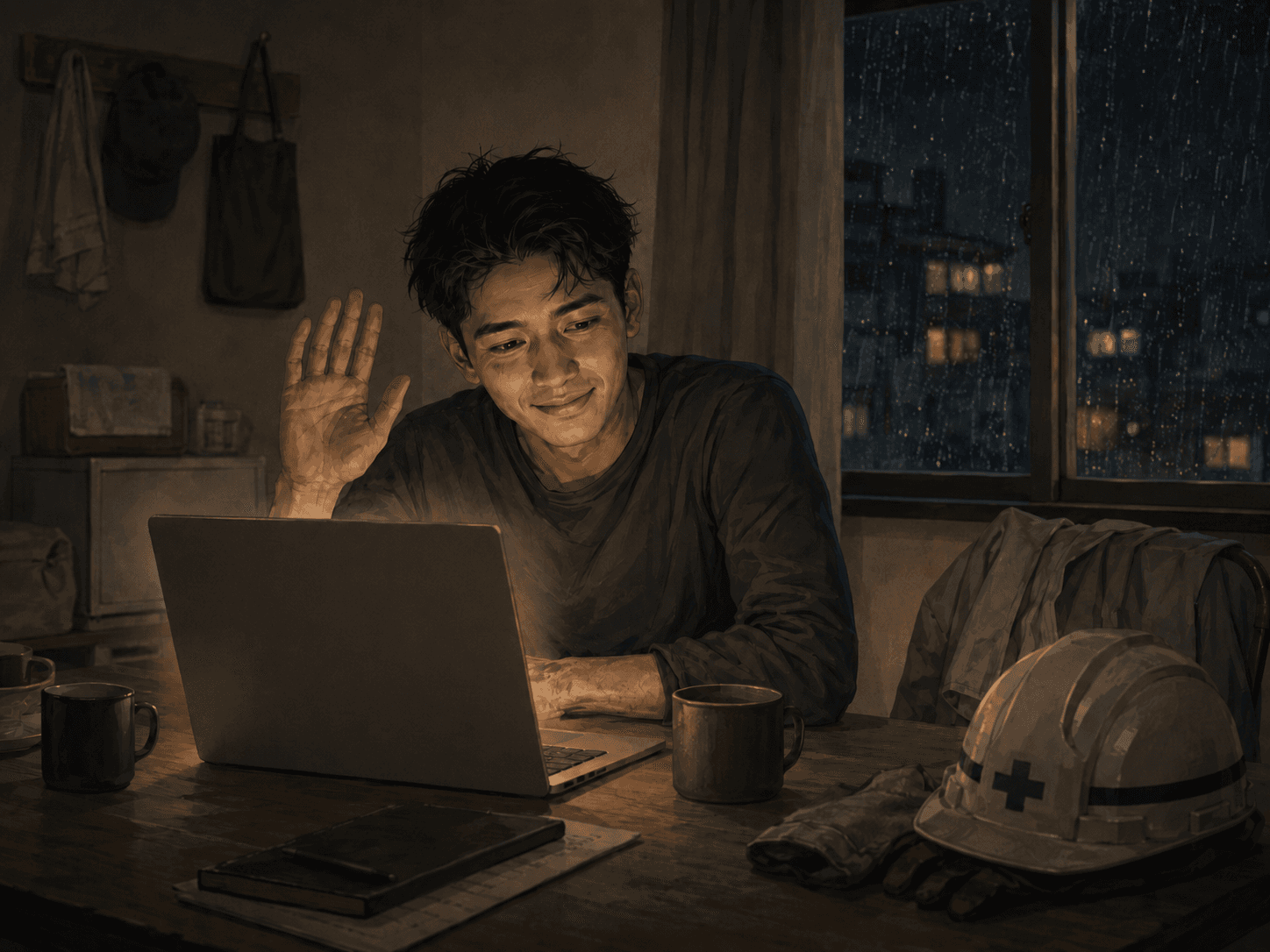 アグンさんが母とビデオ通話しながら笑顔を作っている場面、窓の外は雨