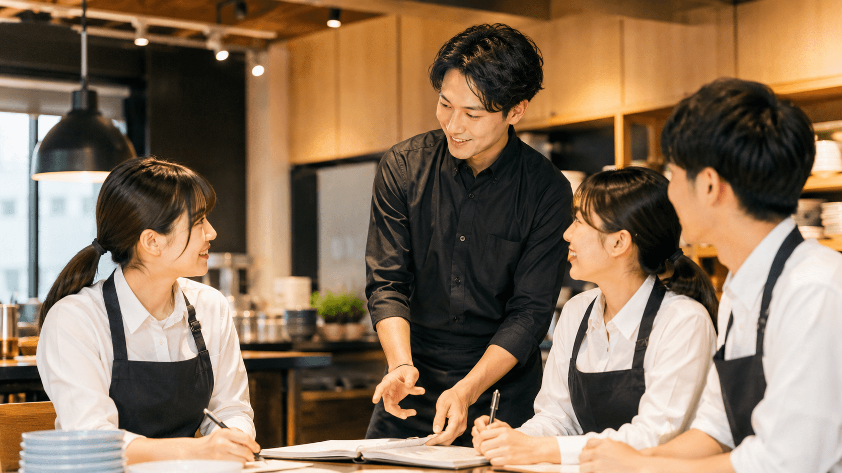 外食店舗で打ち合わせをするスタッフのイメージ