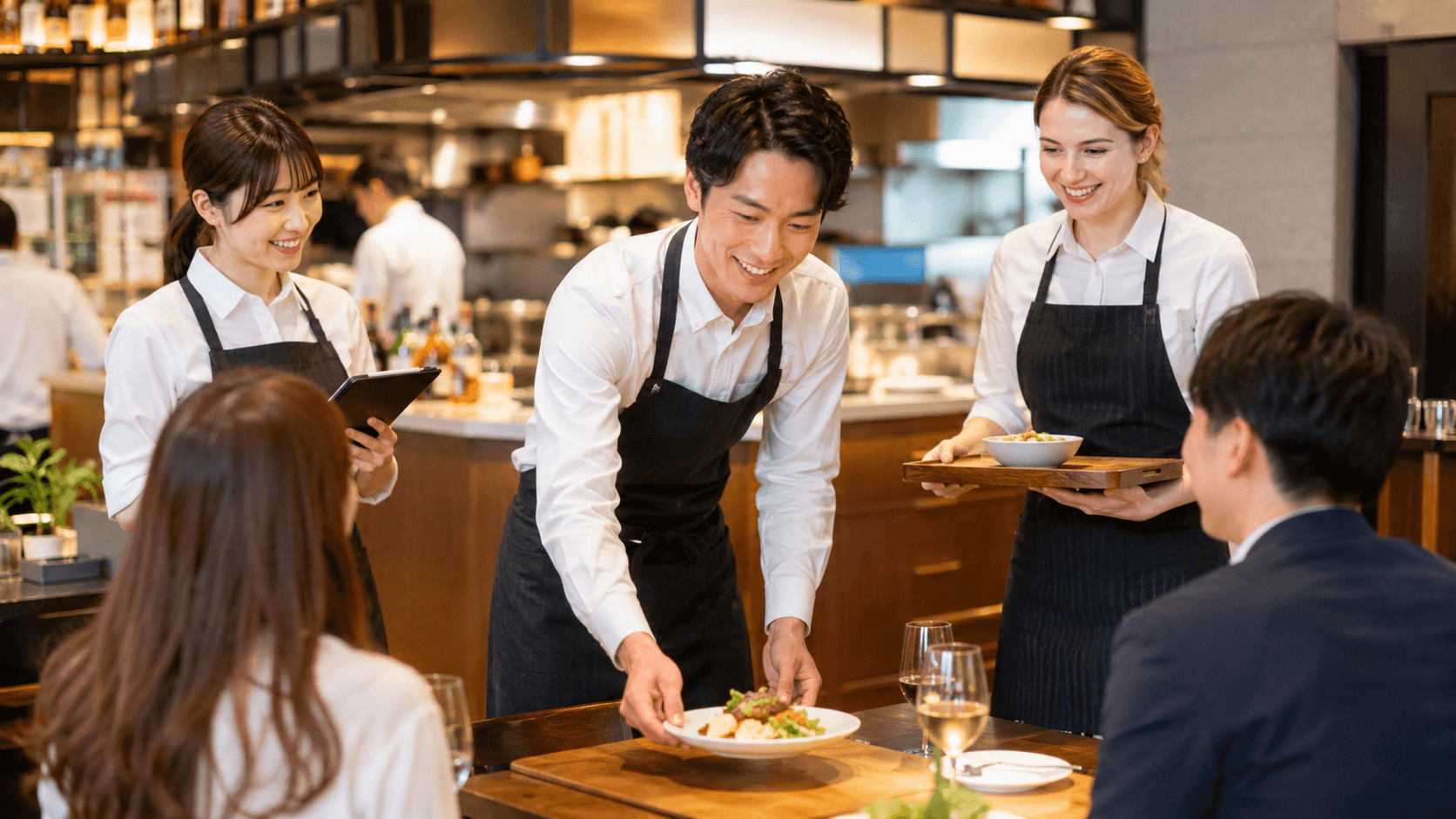ホールで料理を提供するスタッフのイメージ
