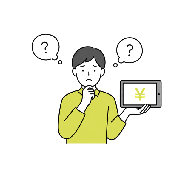 タブレット(円マーク)を持ち困惑する男性