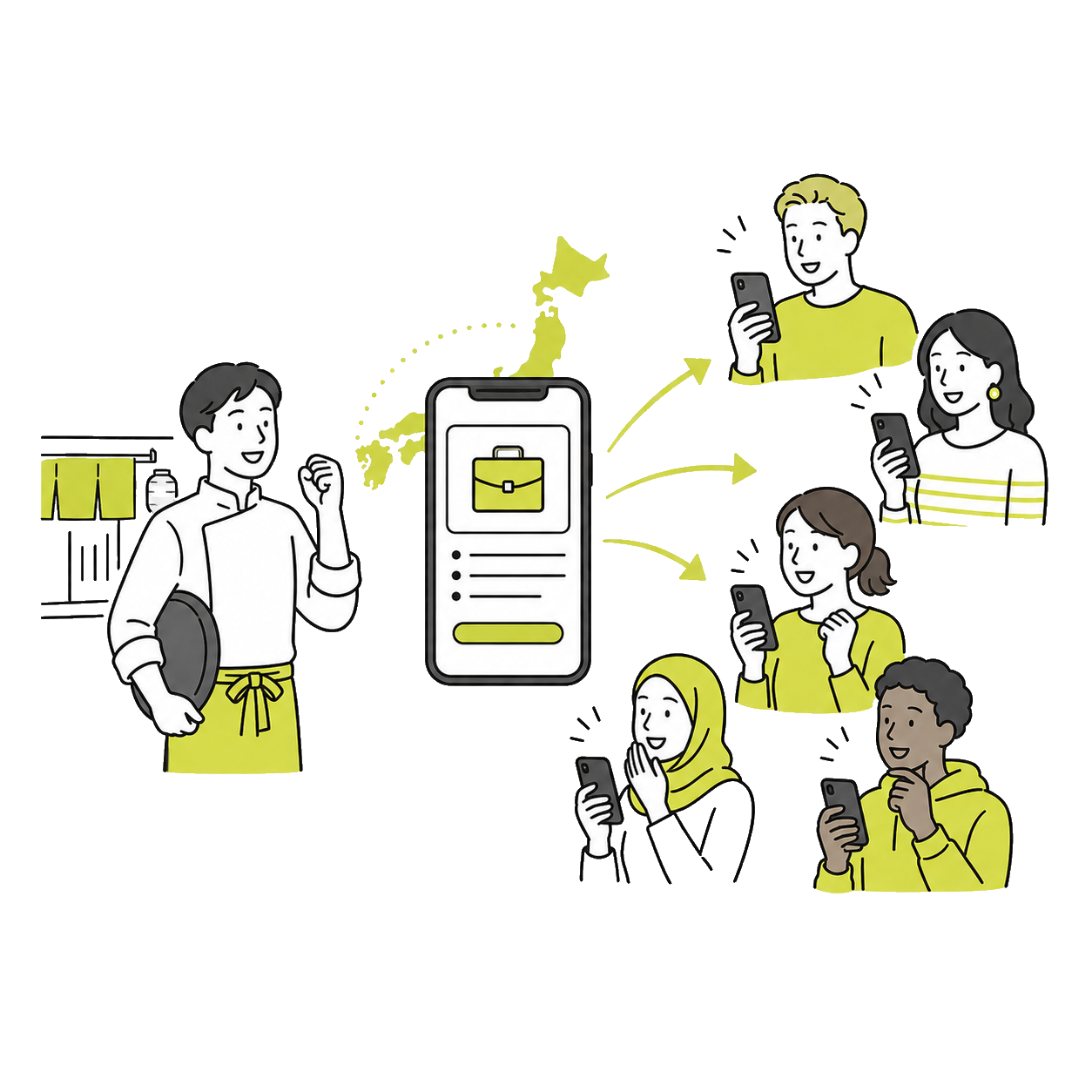 外国人材にスマートフォンで求人を届けるイラスト